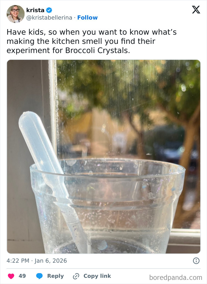 Tweet showing a kitchen experiment with broccoli crystals, highlighting unintentionally comedic moments of parenting.