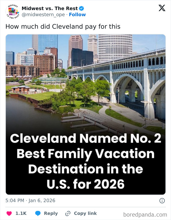 Cleveland cityscape with river and bridge, highlighting a Midwest life meme about family vacation destinations.