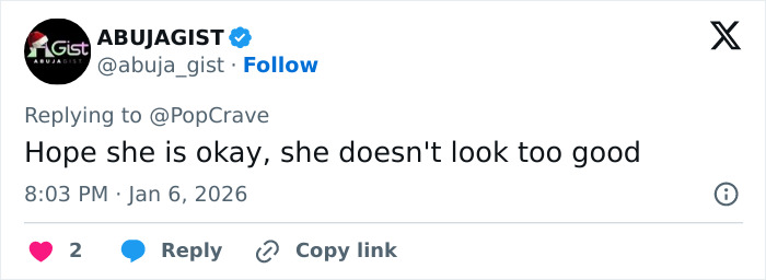 Tweet reply reads Hope she is okay, she doesn't look too good about Ariana Grande Wicked set photo