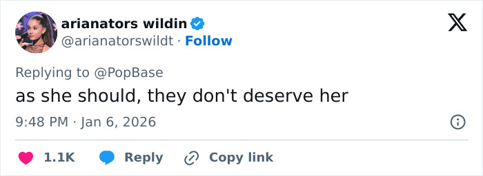 Screenshot of tweet about Cynthia Erivo reading as she should, they don't deserve her; 1.1K likes, Jan 6 2026