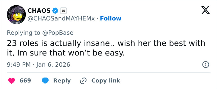 Tweet screenshot referencing Cynthia Erivo: CHAOS says 23 roles is actually insane, wishing her the best