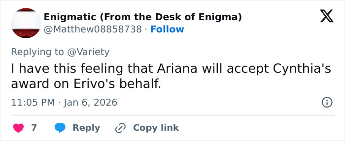 Tweet screenshot predicting Ariana will accept Cynthia Erivo's award, referencing Cynthia Erivo skipping Golden Globes