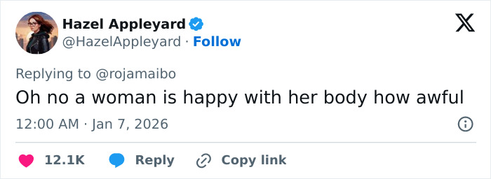 Tweet by Hazel Appleyard reacting to online trolling of a woman after viral breast reduction story in 2026.