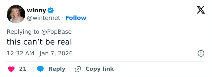 Social media reply screenshot to PopBase reading this can't be real, referencing Cynthia Erivo and Golden Globes