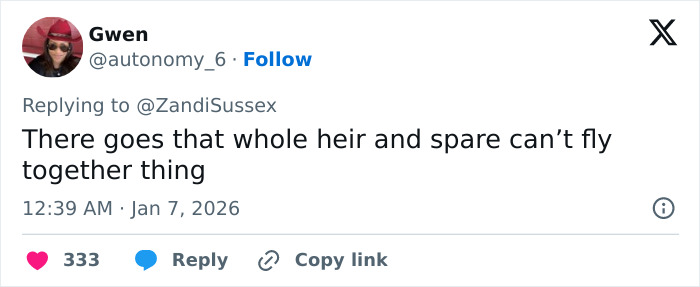 Screenshot of tweet referencing Prince William and his kids, joking about heir and spare not flying together