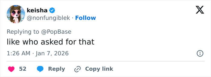 Screenshot of tweet reading like who asked for that, reply to PopBase reacting to Cynthia Erivo skipping Golden Globes