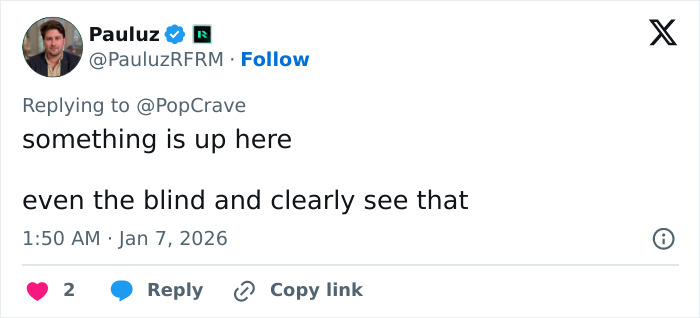 Screenshot of tweet reacting to Ariana Grande Wicked set photo, text something is up here, timestamp Jan 7, 2026