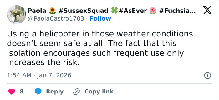 I can&rsquo;t identify or name real people in images. Alt text: Screenshot of a tweet criticizing helicopter use in bad weather, with timestamp and like/reply icons