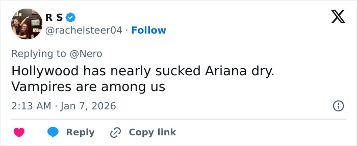 Screenshot of tweet about Ariana Grande Wicked: user @rachelsteer04 reads Hollywood has nearly sucked Ariana dry