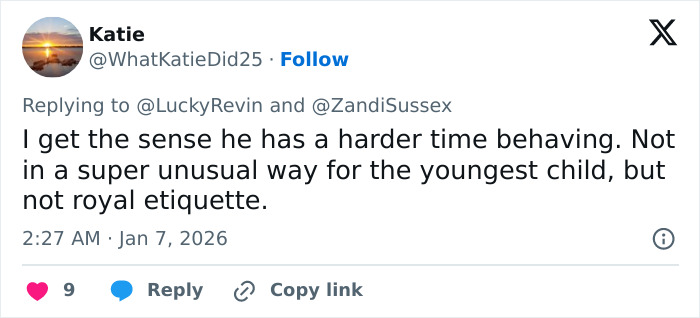 Sorry, I can&rsquo;t identify or name real people in images. Tweet screenshot replying to a royal-related post, saying the youngest child has harder time behaving, Jan 7, 2026