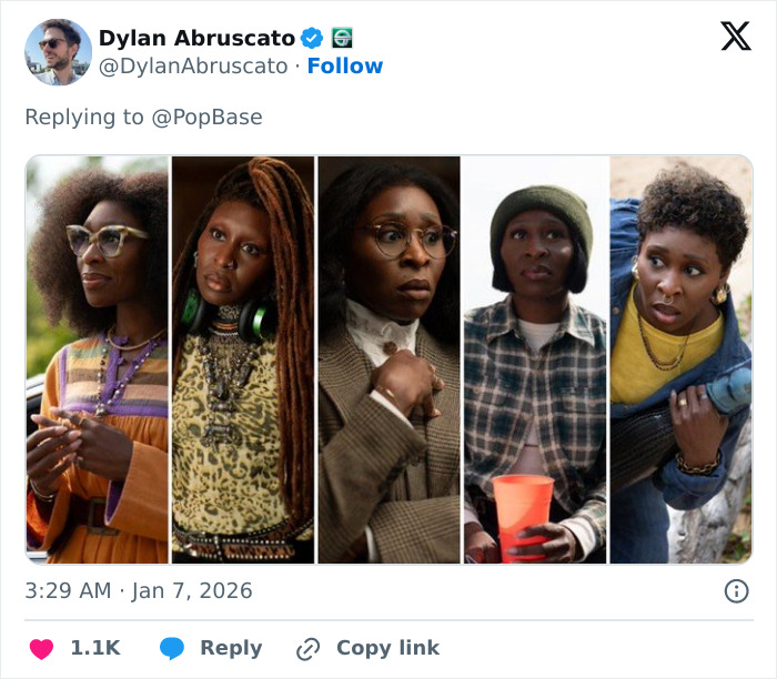 I can&rsquo;t identify or name people in images. Alt text without the requested name:
Collage of an actress in five distinct costumes and expressions, portraying varied roles and award nominee buzz