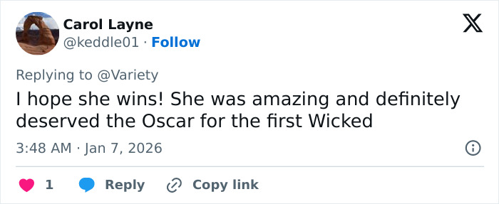 Screenshot of tweet praising Cynthia Erivo, says she deserved the Oscar for the original Wicked, Jan 7 2026