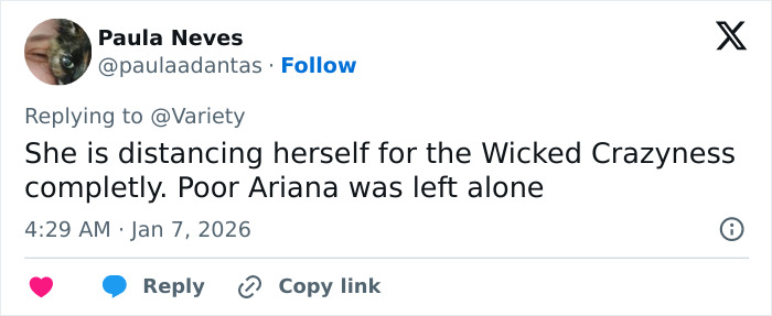Screenshot of tweet about distancing from Wicked and Ariana, reply visible &mdash; Cynthia Erivo Golden Globes