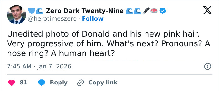 Tweet discussing Donald Trump's new pink hair, mentioning a professional stylist's insights on hair color changes.