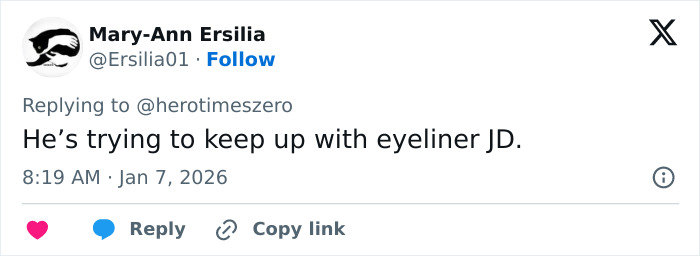 Tweet from Mary-Ann Ersilia replying about eyeliner JD, relating to professional stylist discussion on Trump's hair turning pink.