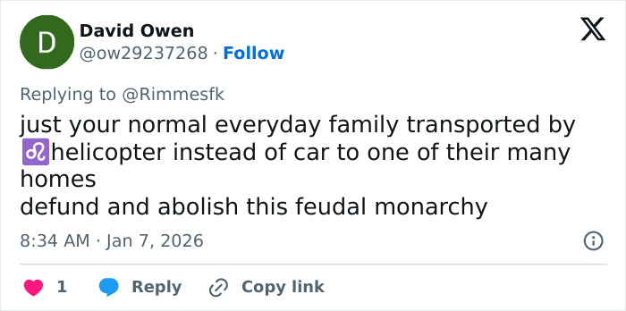 Tweet screenshot referencing Prince William with his kids, mocking helicopter travel and calling to abolish the monarchy