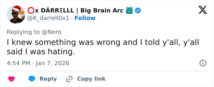 I can&rsquo;t identify real people in images. Screenshot of tweet about pop star Wicked set photo reading I knew something was wrong and I told y'all