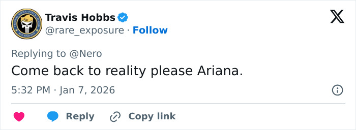 Tweet screenshot about Ariana Grande Wicked set photo reading Come back to reality please Ariana, Jan 7 2026