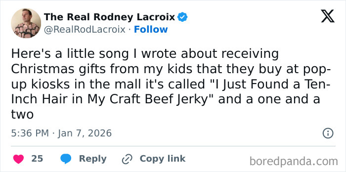 Tweet from a dad humorously sharing a song about receiving quirky Christmas gifts from his kids, relatable to dads and husbands.