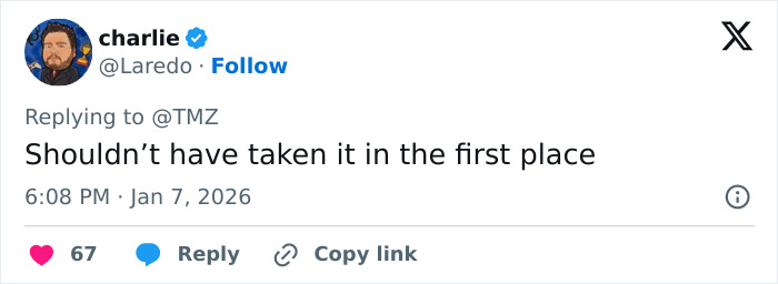 Tweet by user charlie replying to TMZ with the message about Nick Reiner&rsquo;s family breaking silence after lawyer quits case.