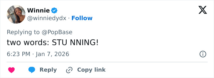 Tweet screenshot about Zendaya wax figure reading two words STU NNING! showing avatar and time