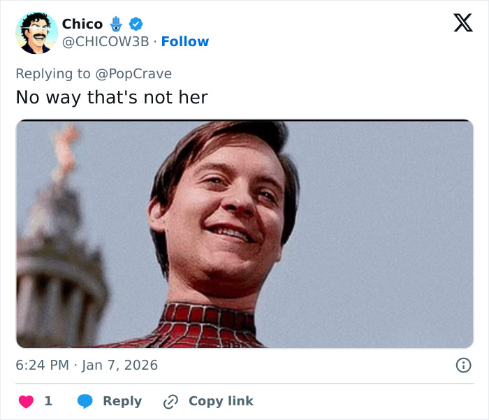 Tweet screenshot mocking Zendaya wax figure with reply no way that's not her, showing smiling Spider-Man meme