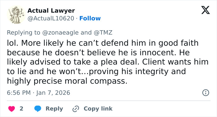 Tweet from Actual Lawyer discussing integrity and moral compass after lawyer quits Nick Reiner&rsquo;s case breaking silence.