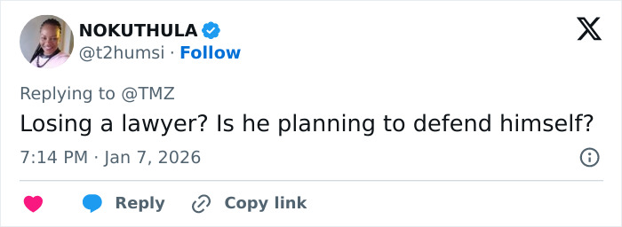 Twitter user Nokuthula replying to TMZ, questioning if Nick Reiner will defend himself after his lawyer quit the case.