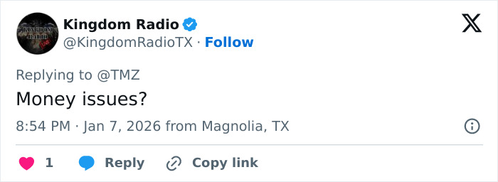 Tweet from Kingdom Radio questioning money issues amid Nick Reiner&rsquo;s family breaking silence after lawyer quits the case.