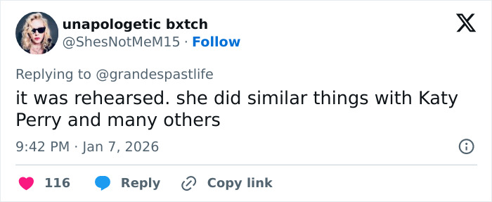 Twitter reply discussing Ariana Grande and Madonna&rsquo;s resurfaced performance causing fan backlash.