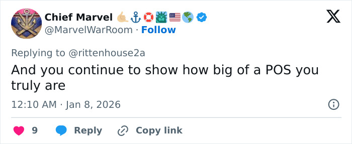 Tweet from Chief Marvel replying to Kyle Rittenhouse, sparking internet outrage over reaction to ICE slaying in Minneapolis.