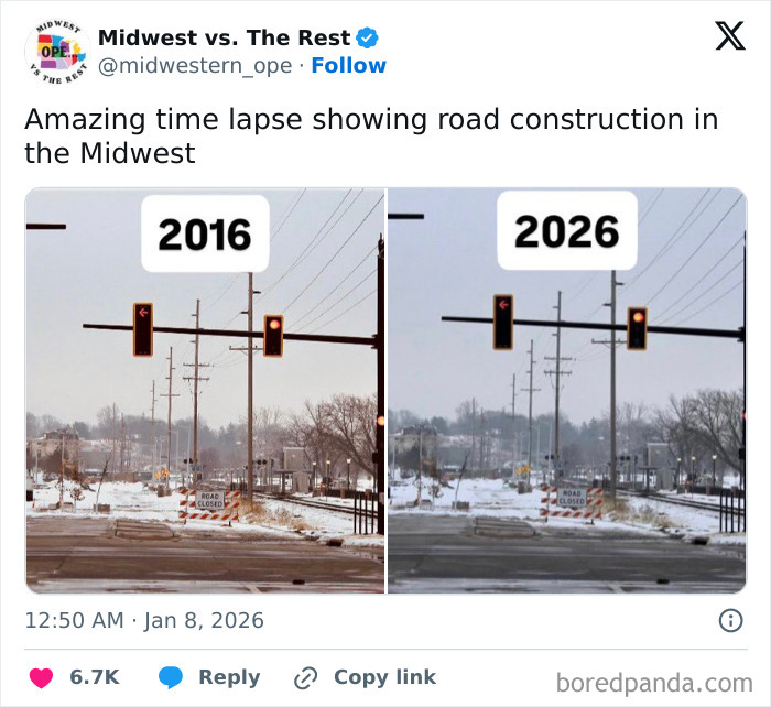 Time lapse comparison of road construction in the Midwest over ten years, highlighting Midwest life and roadwork progress.