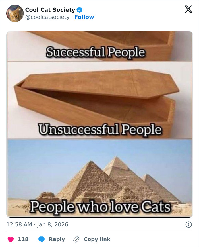 Funny meme comparing coffins for successful and unsuccessful people with pyramids for people who love cats.