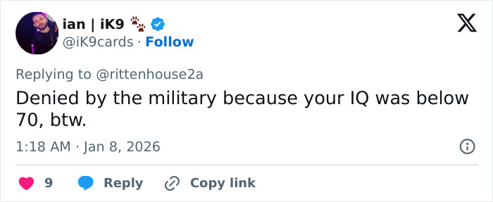 Screenshot of a social media reply criticizing Kyle Rittenhouse amid internet outrage over ICE slaying reaction.