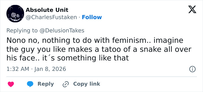 Tweet screenshot showing a user commenting on feminism in response to a viral breast reduction story in 2026.