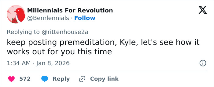Tweet from Millennials For Revolution responding to Kyle Rittenhouse, sparking internet reaction over ICE slaying in Minneapolis.
