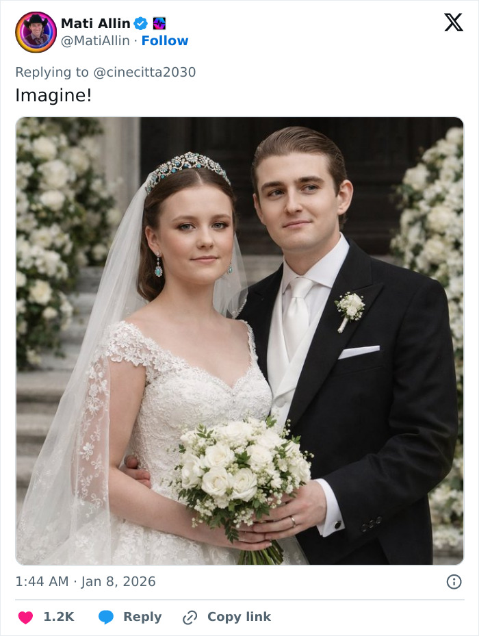 Barron Trump and Princess Isabella in wedding attire, posing together with floral decorations in the background.