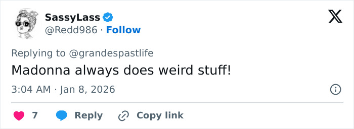 Tweet by SassyLass reacting to Ariana Grande and Madonna's resurfaced performance with a comment on its uncomfortable nature.