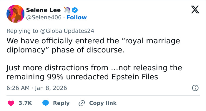 Tweet discussing royal marriage diplomacy in relation to Barron Trump and Princess Isabella securing Greenland.