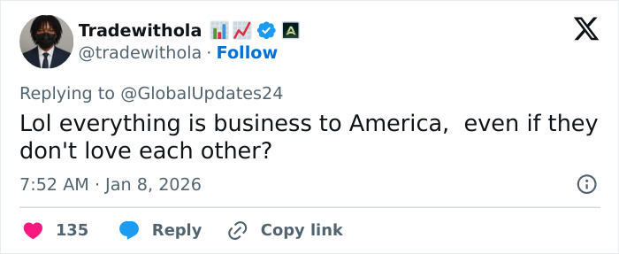 Tweet discussing America&rsquo;s business motives amid viral post urging Barron Trump to marry Princess Isabella for Greenland.