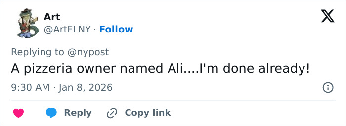 Screenshot of a tweet mentioning a pizzeria owner named Ali known for salty replies to harsh online reviews.