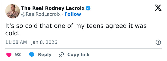 Screenshot of a humorous social media post relatable to dads and husbands about cold weather and teens agreeing.