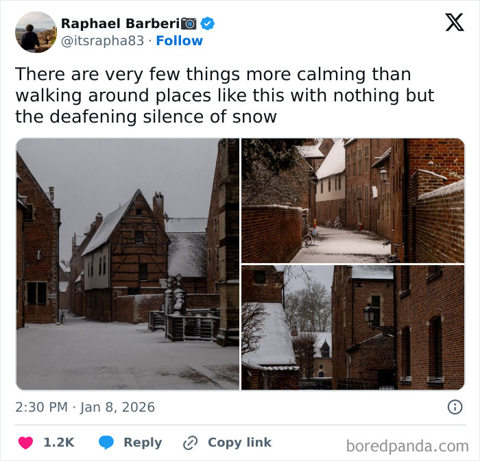 Collage of cozy winter streets covered in snow with brick buildings, capturing peaceful winter scenes to enjoy without stepping outside.