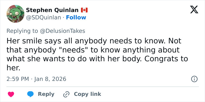 Tweet from Stephen Quinlan supporting a woman who faced vicious trolling after going viral for breast reduction in 2026.