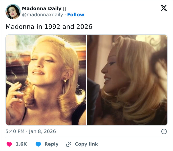 Side-by-side images of Madonna from 1992 and 2026, related to her raunchy Dolce & Gabbana ad with younger men.