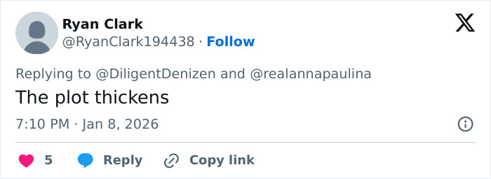 Screenshot of a tweet by Ryan Clark saying The plot thickens, referencing Erika Kirk custody speculation.