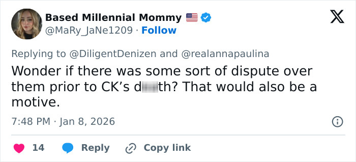 Tweet from user Based Millennial Mommy discussing custody speculation involving Erika Kirk after a congresswoman's remark.
