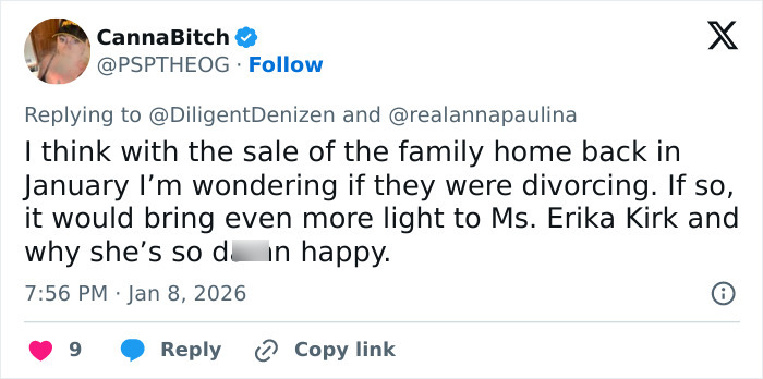 Tweet discussing Erika Kirk and custody speculation following a controversial remark by a congresswoman on social media.