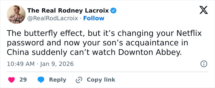 Tweet humor about changing Netflix password affecting others, relatable for dads and husbands enjoying funny social media posts.