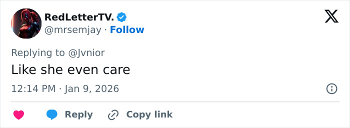 Screenshot of Twitter reply from RedLetterTV saying Like she even care, related to Erika Kirk custody speculation.